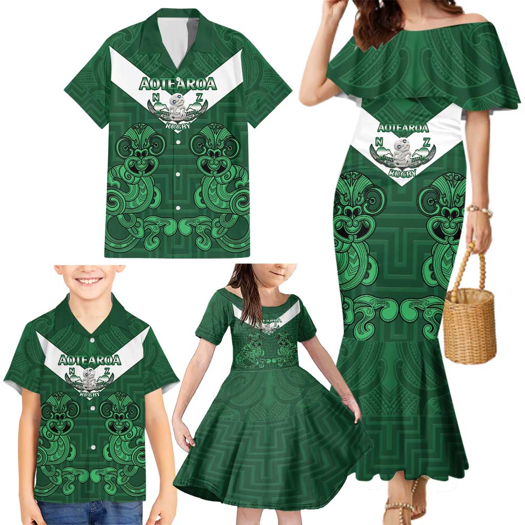Custom Aotearoa Rugby Family Matching Mermaid Dress and Hawaiian Shirt New Zealand Maori Kete Poutama Pattern LT14 - Polynesian Pride