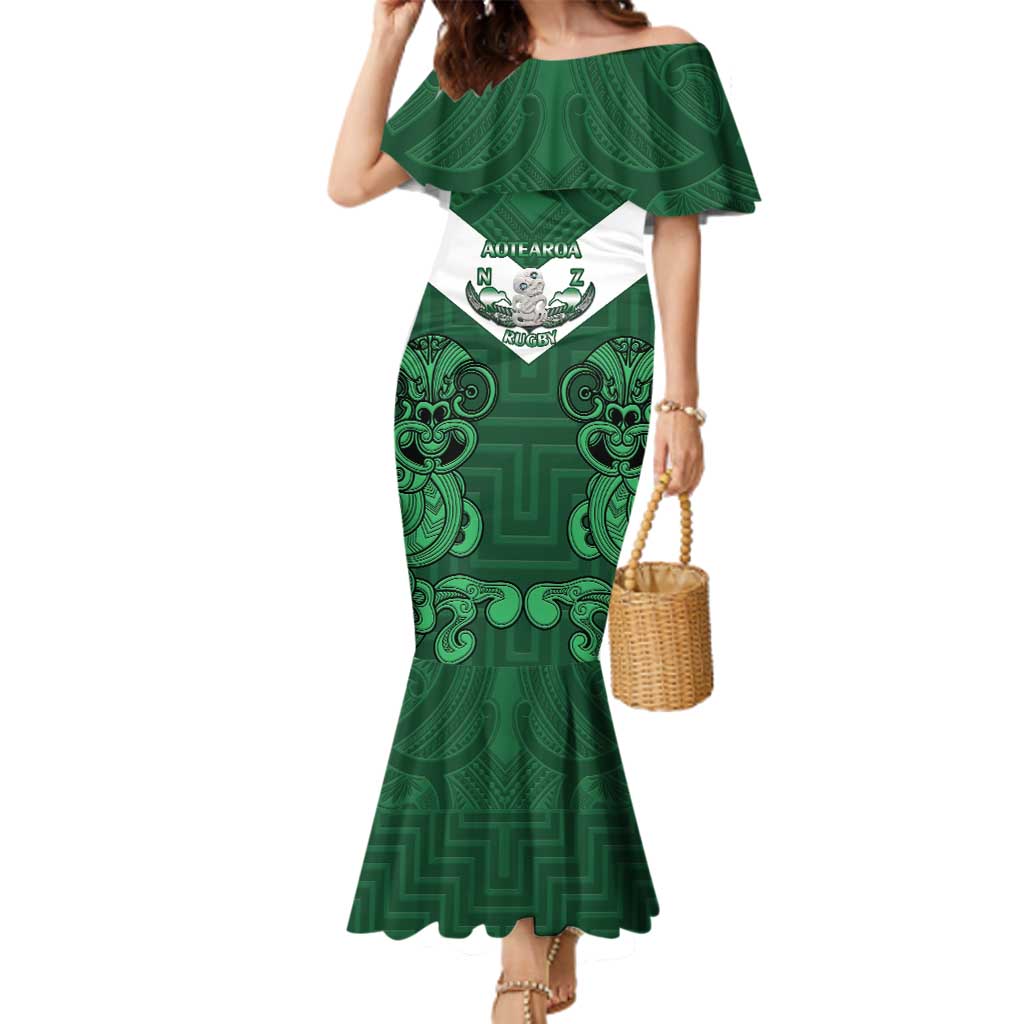 Custom Aotearoa Rugby Family Matching Mermaid Dress and Hawaiian Shirt New Zealand Maori Kete Poutama Pattern LT14 Mom's Dress Green - Polynesian Pride