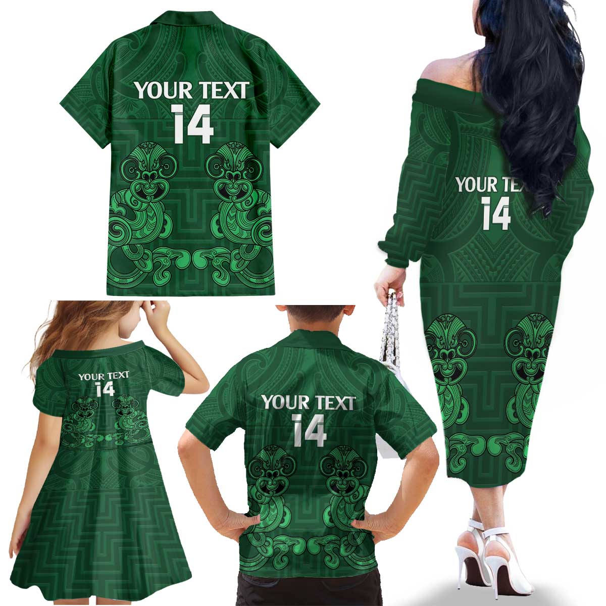 Custom Aotearoa Rugby Family Matching Off The Shoulder Long Sleeve Dress and Hawaiian Shirt New Zealand Maori Kete Poutama Pattern LT14 - Polynesian Pride