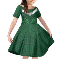 Custom Aotearoa Rugby Family Matching Off Shoulder Maxi Dress and Hawaiian Shirt New Zealand Maori Kete Poutama Pattern LT14 Daughter's Dress Green - Polynesian Pride