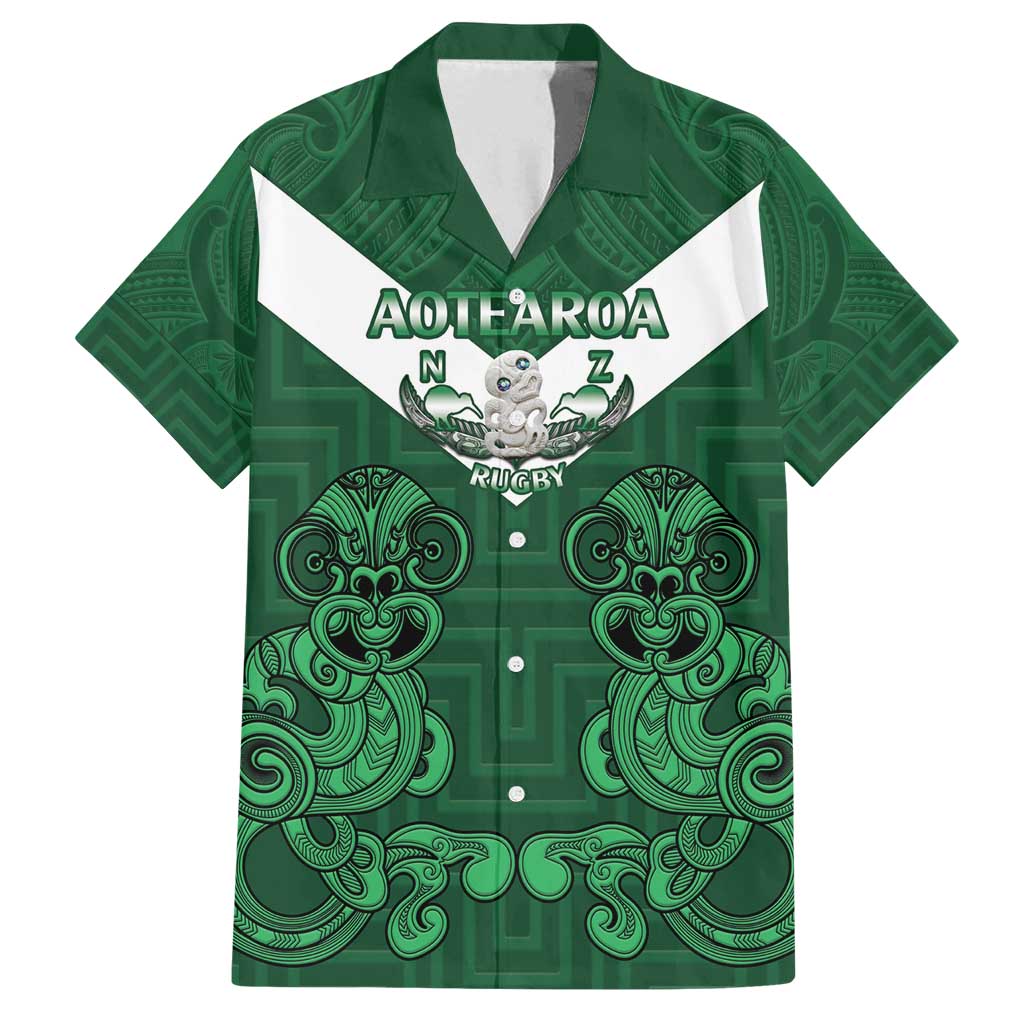 Custom Aotearoa Rugby Family Matching Off Shoulder Maxi Dress and Hawaiian Shirt New Zealand Maori Kete Poutama Pattern LT14 Dad's Shirt - Short Sleeve Green - Polynesian Pride