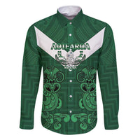 Custom Aotearoa Rugby Family Matching Off Shoulder Maxi Dress and Hawaiian Shirt New Zealand Maori Kete Poutama Pattern LT14 Dad's Shirt - Long Sleeve Green - Polynesian Pride