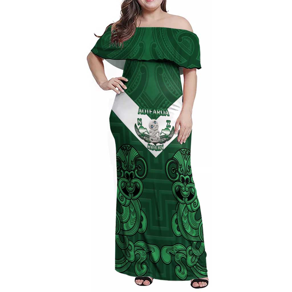 Custom Aotearoa Rugby Family Matching Off Shoulder Maxi Dress and Hawaiian Shirt New Zealand Maori Kete Poutama Pattern LT14 Mom's Dress Green - Polynesian Pride