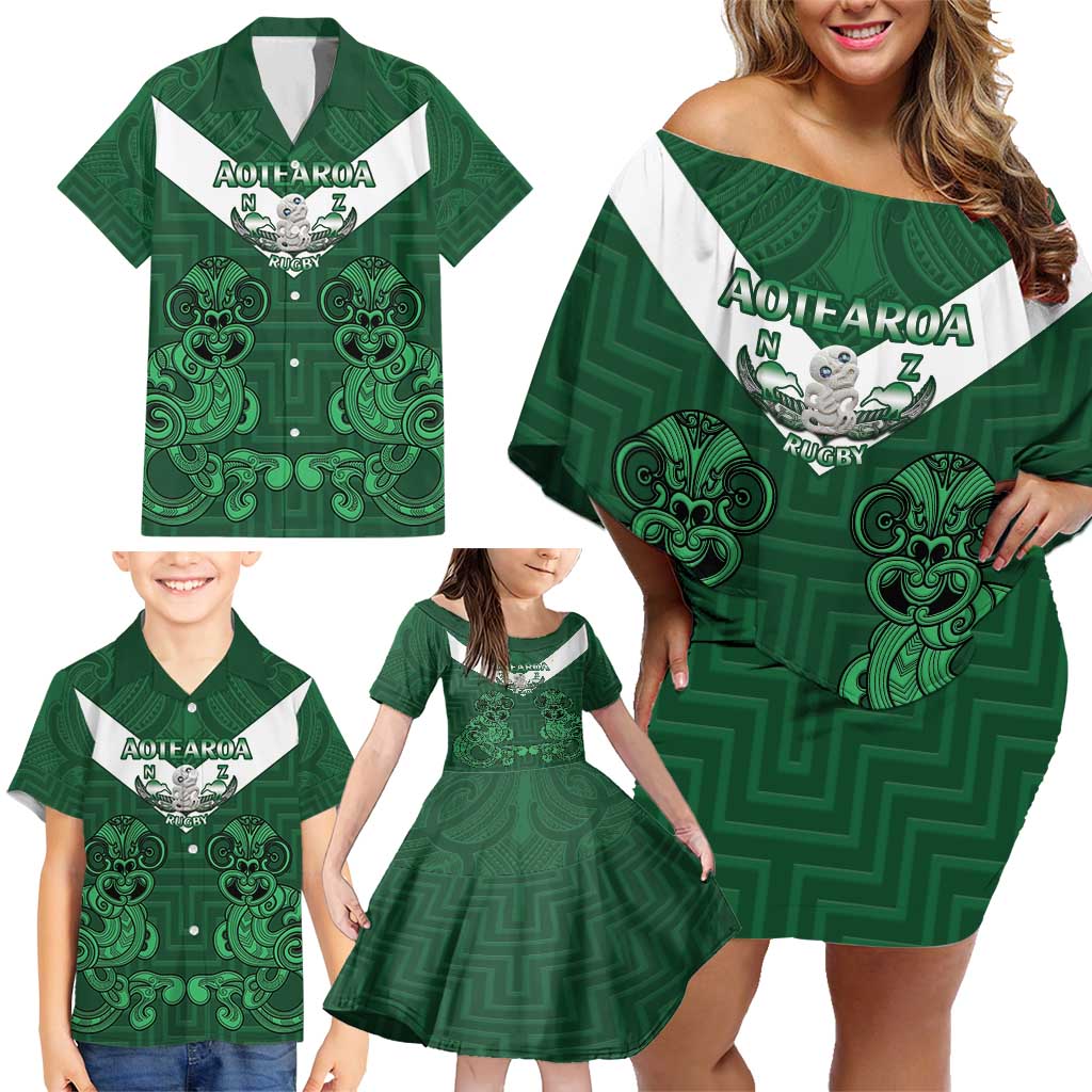 Custom Aotearoa Rugby Family Matching Off Shoulder Short Dress and Hawaiian Shirt New Zealand Maori Kete Poutama Pattern LT14 - Polynesian Pride
