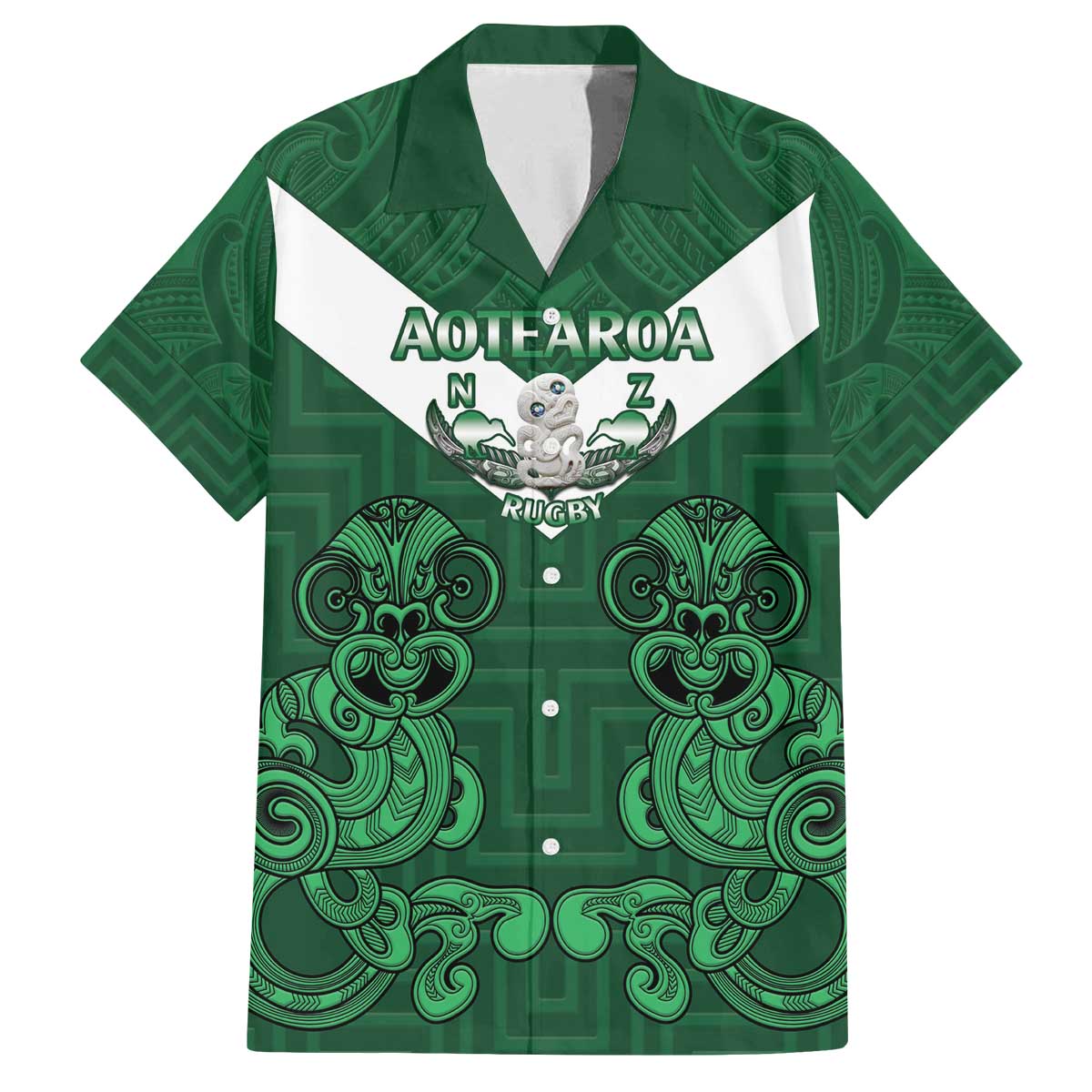 Custom Aotearoa Rugby Family Matching Puletasi and Hawaiian Shirt New Zealand Maori Kete Poutama Pattern LT14 Dad's Shirt - Short Sleeve Green - Polynesian Pride