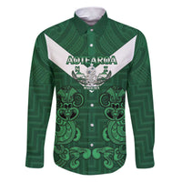 Custom Aotearoa Rugby Family Matching Puletasi and Hawaiian Shirt New Zealand Maori Kete Poutama Pattern LT14 Dad's Shirt - Long Sleeve Green - Polynesian Pride