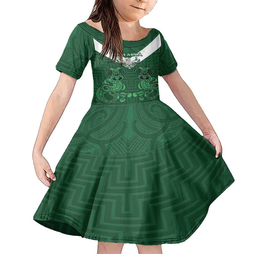 Custom Aotearoa Rugby Family Matching Short Sleeve Bodycon Dress and Hawaiian Shirt New Zealand Maori Kete Poutama Pattern LT14 Daughter's Dress Green - Polynesian Pride