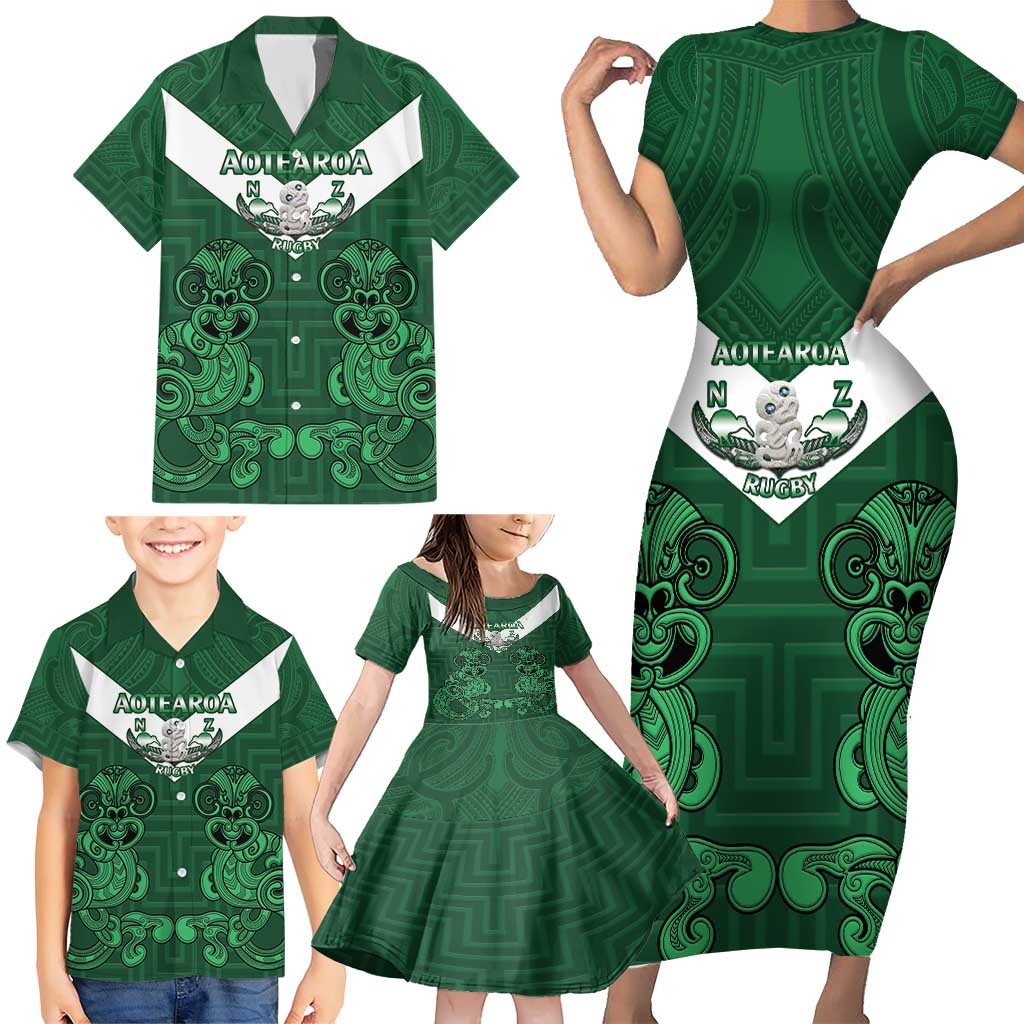 Custom Aotearoa Rugby Family Matching Short Sleeve Bodycon Dress and Hawaiian Shirt New Zealand Maori Kete Poutama Pattern LT14 - Polynesian Pride