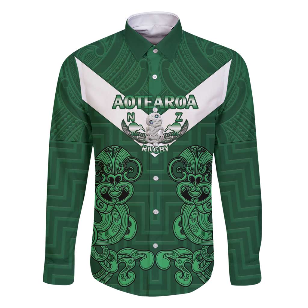 Custom Aotearoa Rugby Family Matching Tank Maxi Dress and Hawaiian Shirt New Zealand Maori Kete Poutama Pattern LT14 Dad's Shirt - Long Sleeve Green - Polynesian Pride