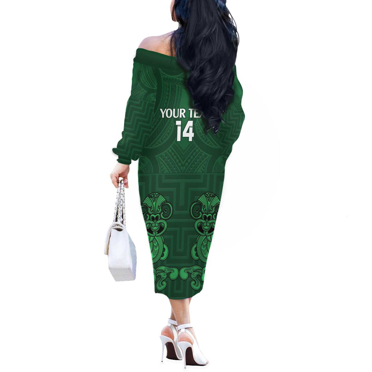 Custom Aotearoa Rugby Off The Shoulder Long Sleeve Dress New Zealand Maori Kete Poutama Pattern LT14 - Polynesian Pride