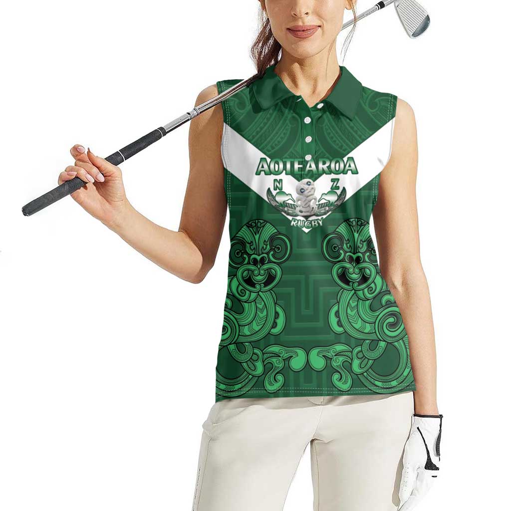 Custom Aotearoa Rugby Women Sleeveless Polo Shirt New Zealand Maori Kete Poutama Pattern LT14 - Polynesian Pride