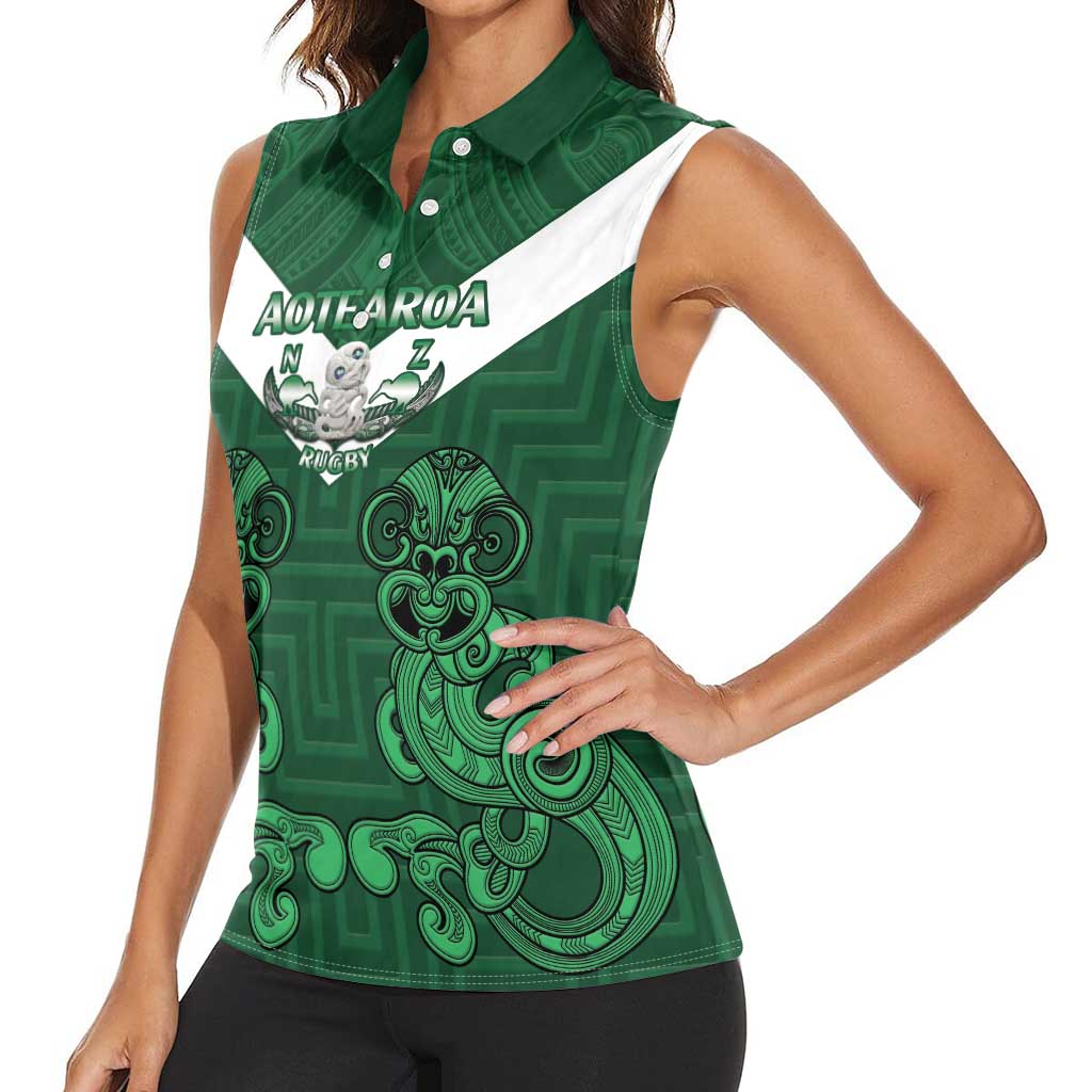 Custom Aotearoa Rugby Women Sleeveless Polo Shirt New Zealand Maori Kete Poutama Pattern LT14 - Polynesian Pride