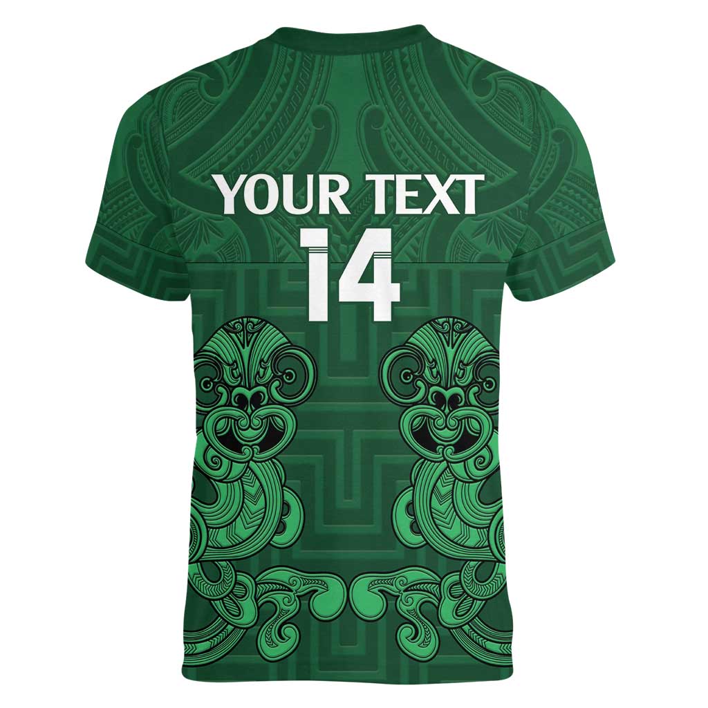 Custom Aotearoa Rugby Women V-Neck T-Shirt New Zealand Maori Kete Poutama Pattern LT14 - Polynesian Pride