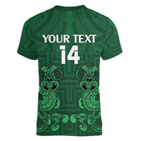 Custom Aotearoa Rugby Women V-Neck T-Shirt New Zealand Maori Kete Poutama Pattern LT14 - Polynesian Pride