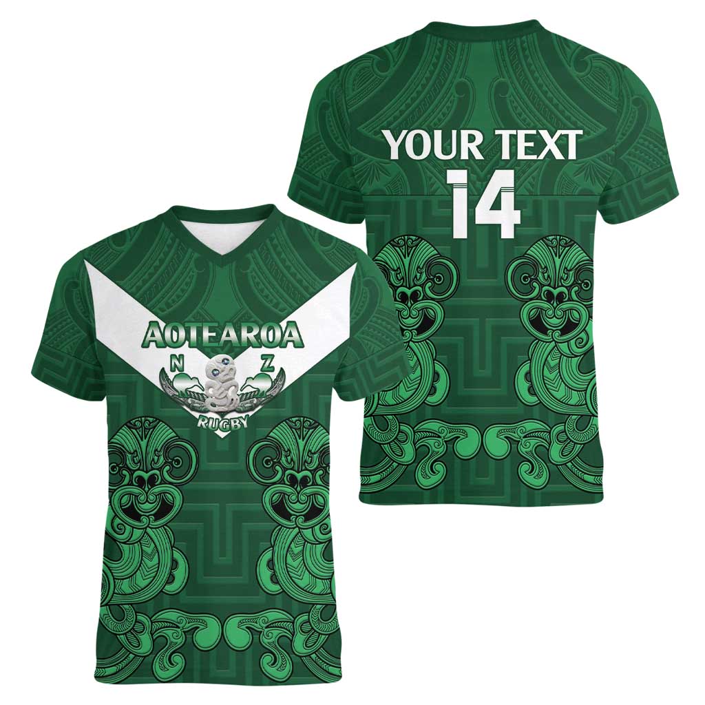 Custom Aotearoa Rugby Women V-Neck T-Shirt New Zealand Maori Kete Poutama Pattern LT14 - Polynesian Pride