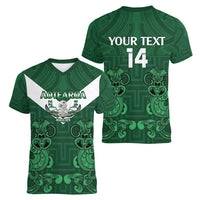 Custom Aotearoa Rugby Women V-Neck T-Shirt New Zealand Maori Kete Poutama Pattern LT14 - Polynesian Pride