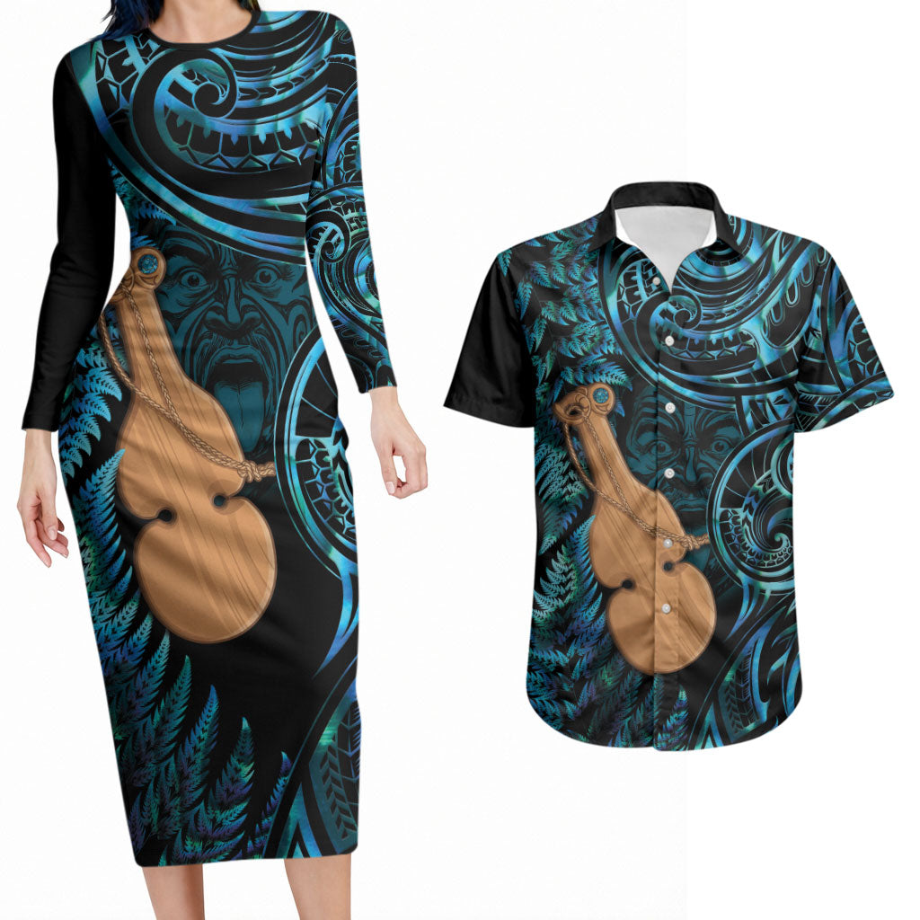 Kotiate New Zealand Couples Matching Long Sleeve Bodycon Dress and Hawaiian Shirt Maori Weapon Paua Shell Haka Fern LT14 Turquoise - Polynesian Pride