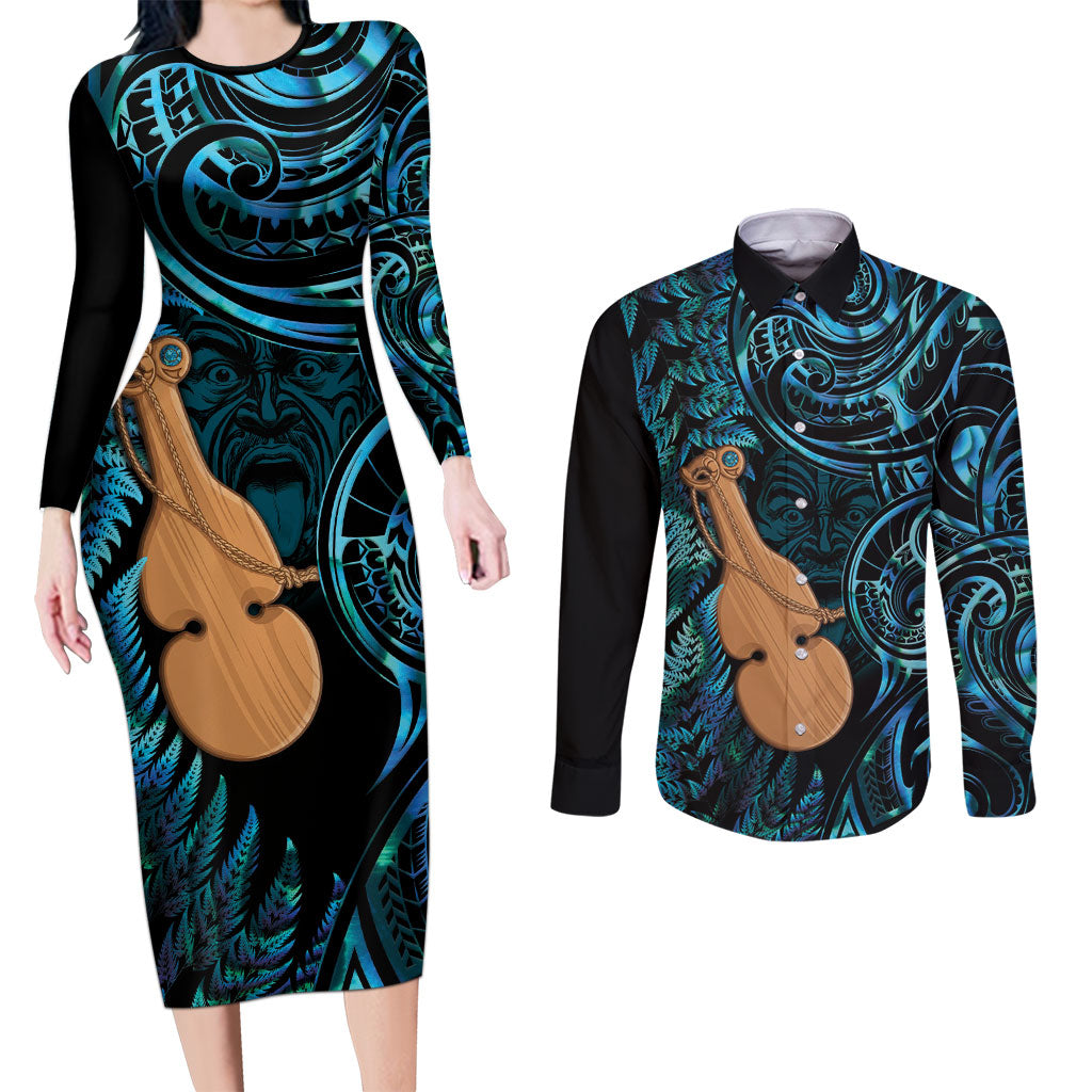 Kotiate New Zealand Couples Matching Long Sleeve Bodycon Dress and Long Sleeve Button Shirt Maori Weapon Paua Shell Haka Fern LT14 Turquoise - Polynesian Pride