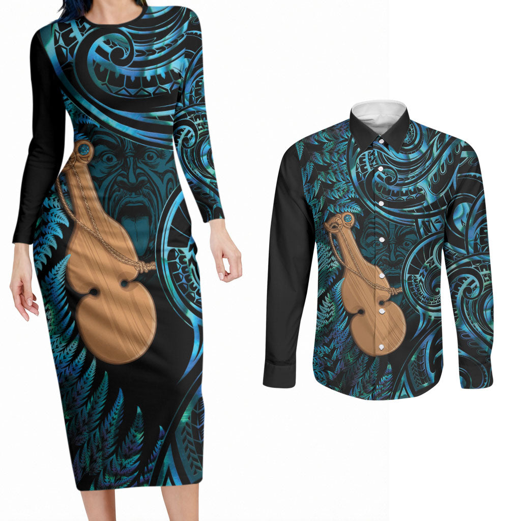 Kotiate New Zealand Couples Matching Long Sleeve Bodycon Dress and Long Sleeve Button Shirt Maori Weapon Paua Shell Haka Fern LT14 Turquoise - Polynesian Pride