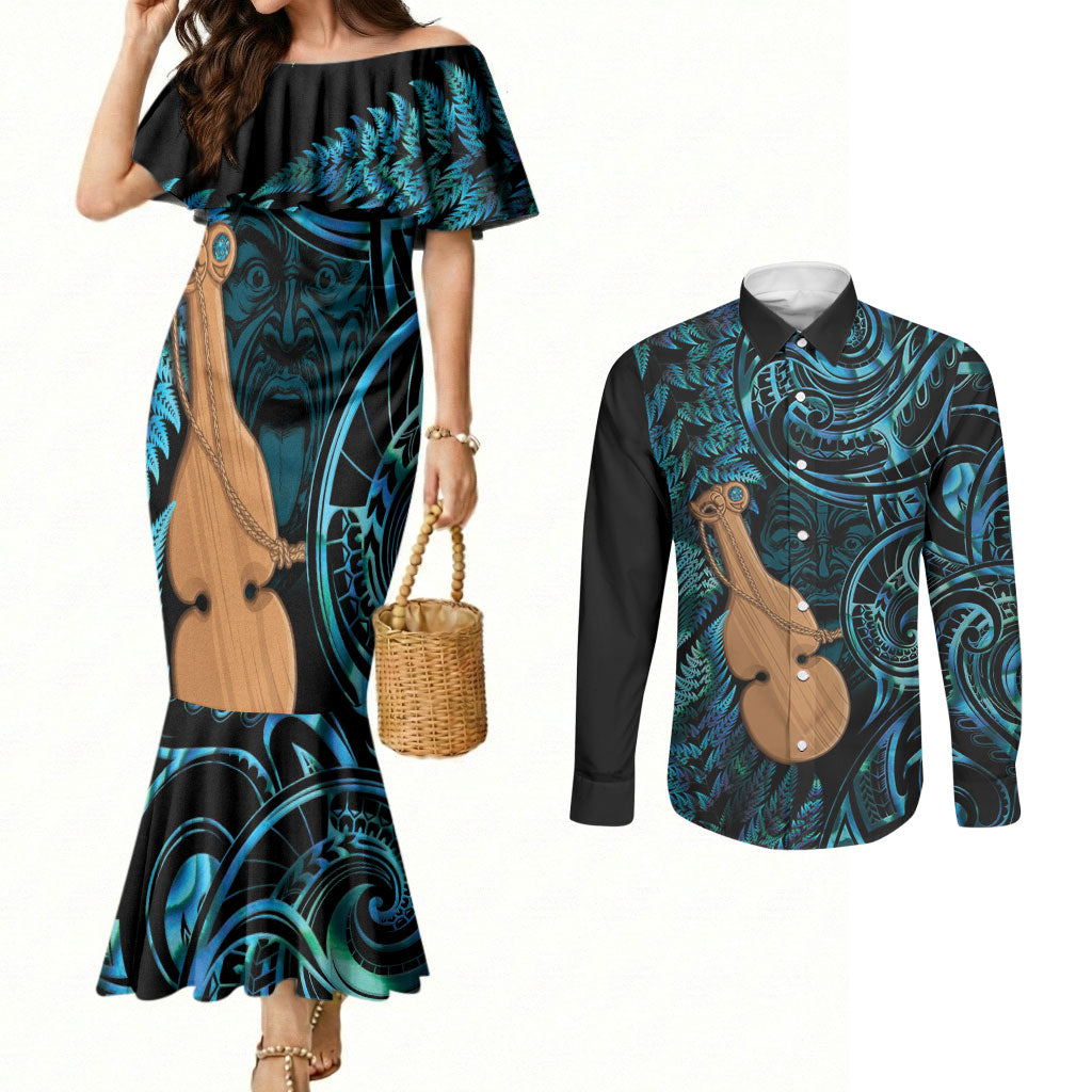 Kotiate New Zealand Couples Matching Mermaid Dress and Long Sleeve Button Shirt Maori Weapon Paua Shell Haka Fern LT14 Turquoise - Polynesian Pride