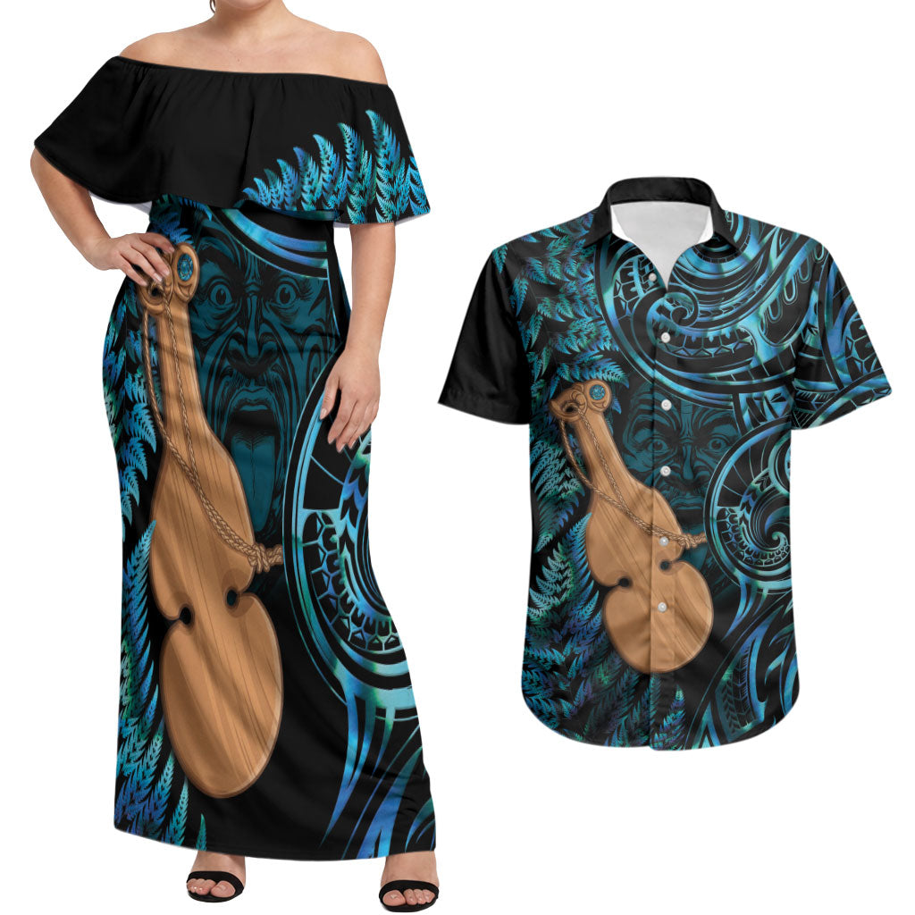 Kotiate New Zealand Couples Matching Off Shoulder Maxi Dress and Hawaiian Shirt Maori Weapon Paua Shell Haka Fern LT14 Turquoise - Polynesian Pride