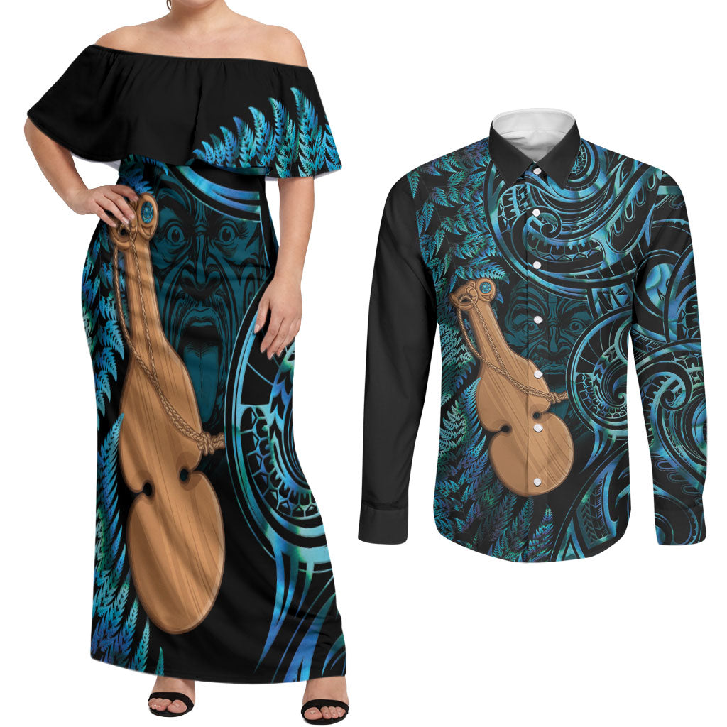 Kotiate New Zealand Couples Matching Off Shoulder Maxi Dress and Long Sleeve Button Shirt Maori Weapon Paua Shell Haka Fern LT14 Turquoise - Polynesian Pride