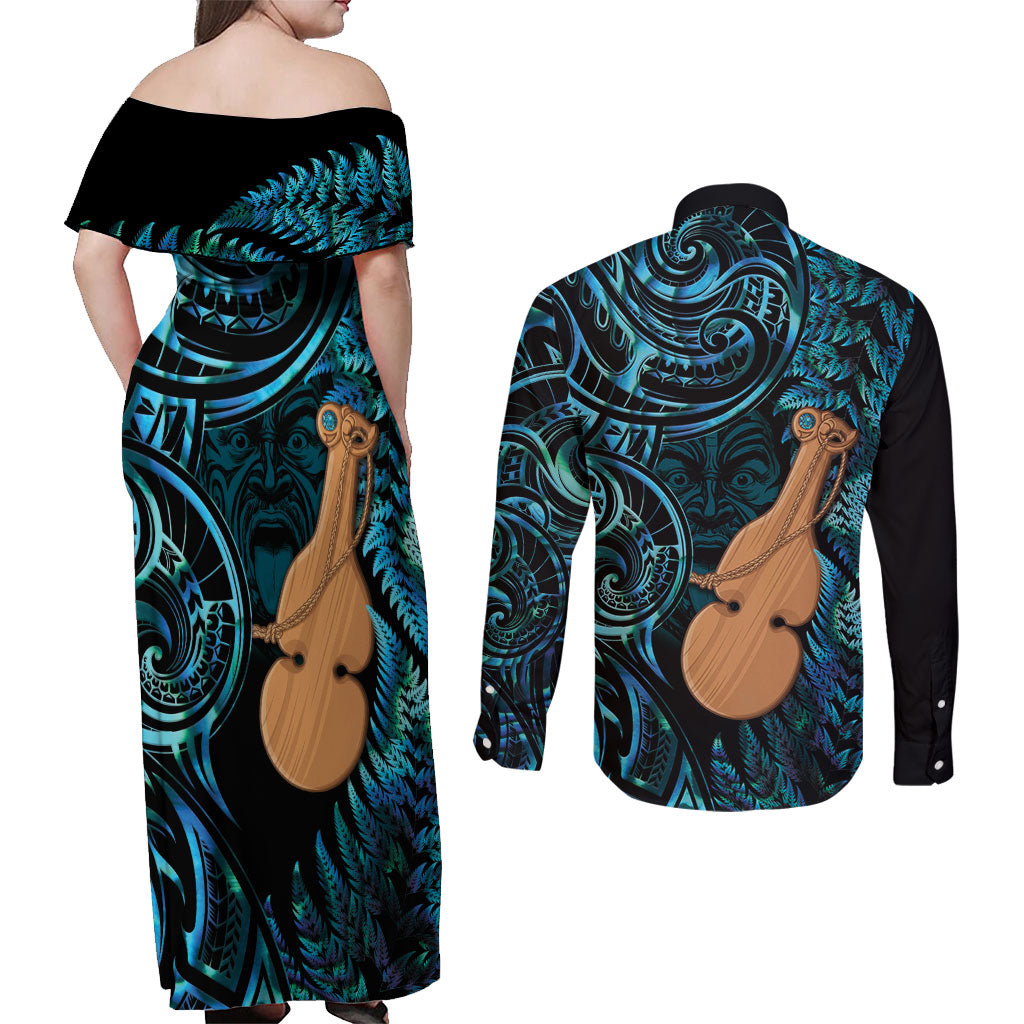 Kotiate New Zealand Couples Matching Off Shoulder Maxi Dress and Long Sleeve Button Shirt Maori Weapon Paua Shell Haka Fern LT14 - Polynesian Pride