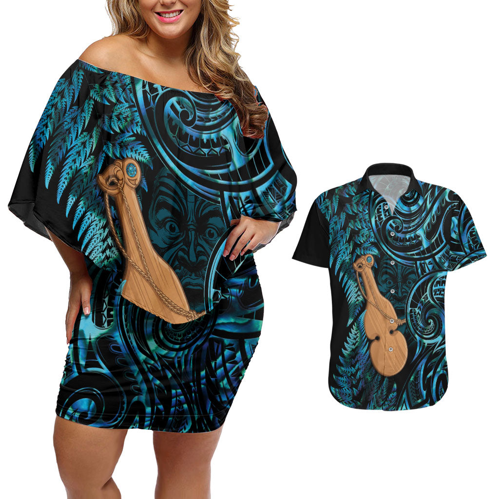 Kotiate New Zealand Couples Matching Off Shoulder Short Dress and Hawaiian Shirt Maori Weapon Paua Shell Haka Fern LT14 Turquoise - Polynesian Pride