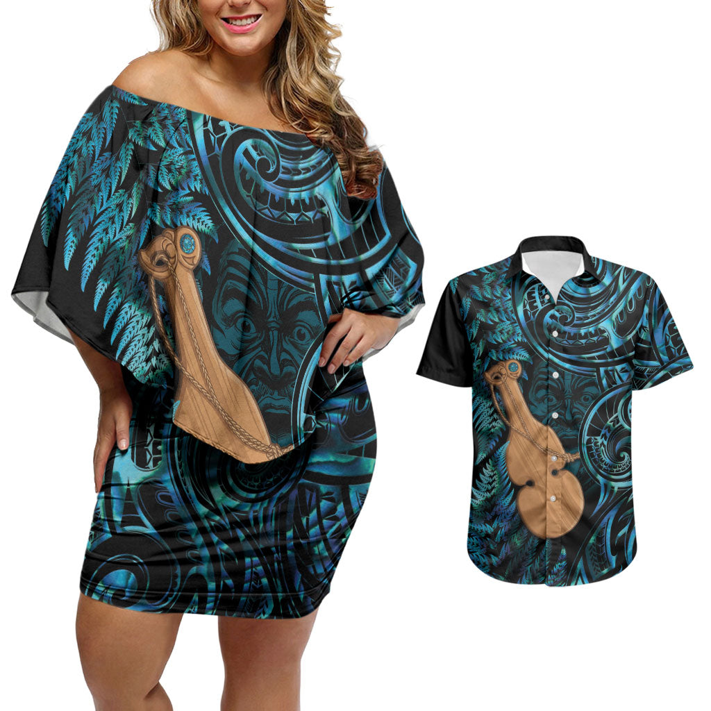 Kotiate New Zealand Couples Matching Off Shoulder Short Dress and Hawaiian Shirt Maori Weapon Paua Shell Haka Fern LT14 Turquoise - Polynesian Pride