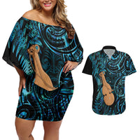 Kotiate New Zealand Couples Matching Off Shoulder Short Dress and Hawaiian Shirt Maori Weapon Paua Shell Haka Fern LT14 Turquoise - Polynesian Pride