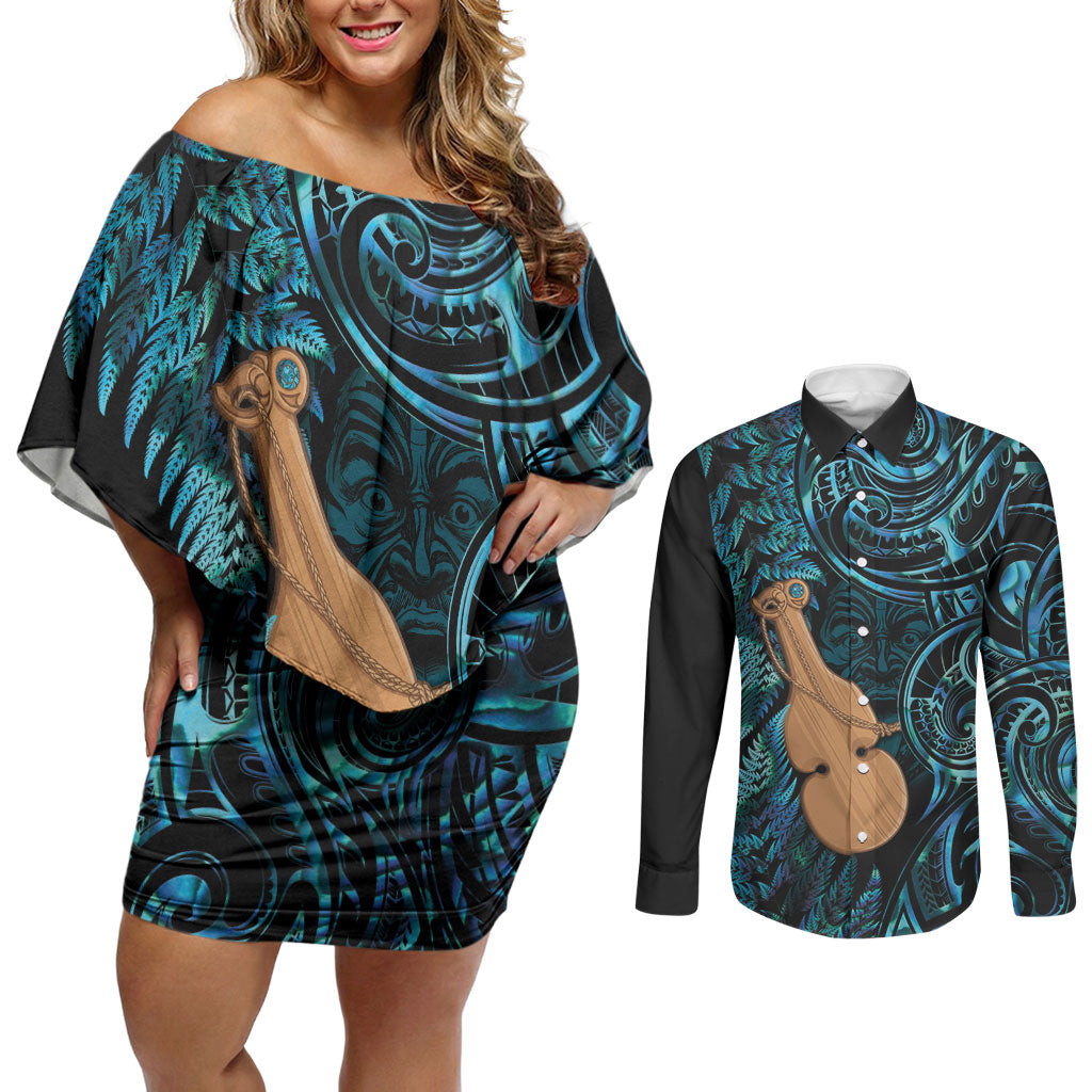Kotiate New Zealand Couples Matching Off Shoulder Short Dress and Long Sleeve Button Shirt Maori Weapon Paua Shell Haka Fern LT14 Turquoise - Polynesian Pride