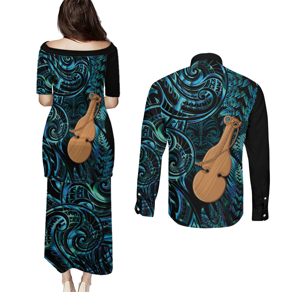 Kotiate New Zealand Couples Matching Puletasi and Long Sleeve Button Shirt Maori Weapon Paua Shell Haka Fern LT14 - Polynesian Pride