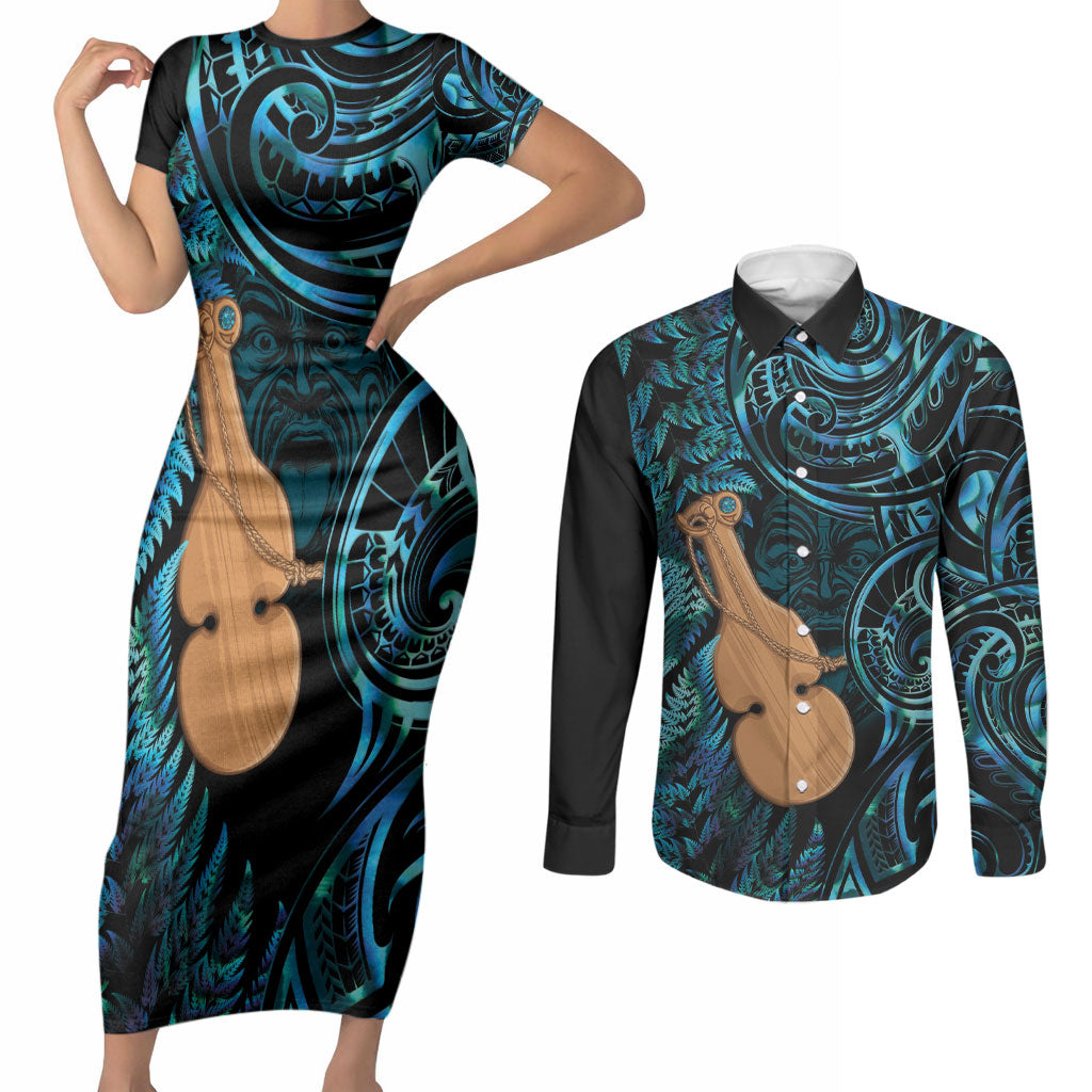 Kotiate New Zealand Couples Matching Short Sleeve Bodycon Dress and Long Sleeve Button Shirt Maori Weapon Paua Shell Haka Fern LT14 Turquoise - Polynesian Pride