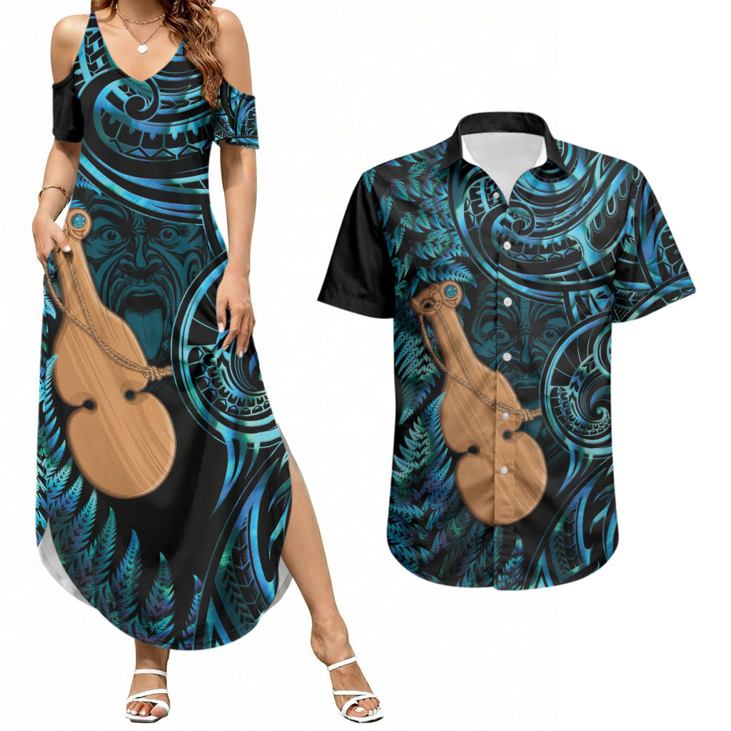 Kotiate New Zealand Couples Matching Summer Maxi Dress and Hawaiian Shirt Maori Weapon Paua Shell Haka Fern LT14 Turquoise - Polynesian Pride