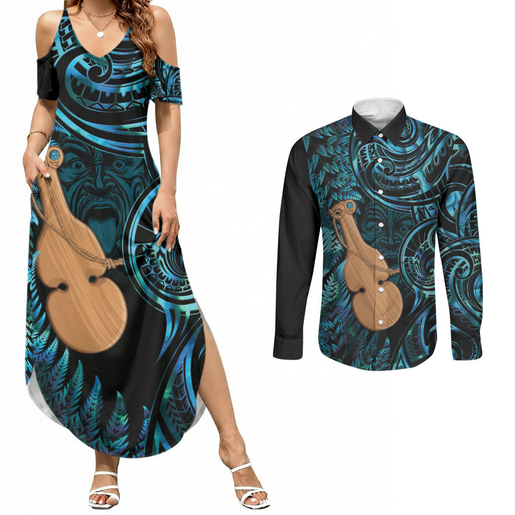Kotiate New Zealand Couples Matching Summer Maxi Dress and Long Sleeve Button Shirt Maori Weapon Paua Shell Haka Fern LT14 Turquoise - Polynesian Pride