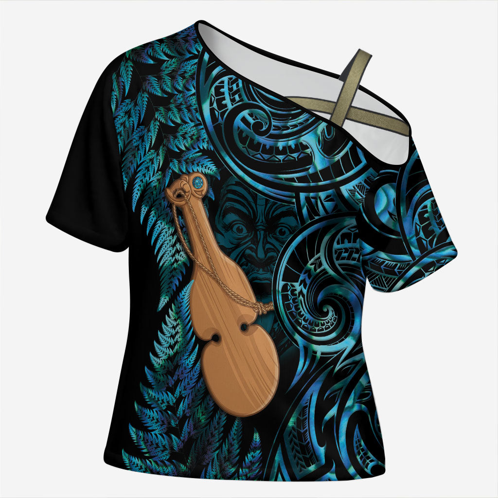 Kotiate New Zealand Cross Shoulder Shirt Maori Weapon Paua Shell Haka Fern LT14 Female Turquoise - Polynesian Pride