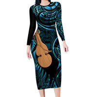 Kotiate New Zealand Family Matching Long Sleeve Bodycon Dress and Hawaiian Shirt Maori Weapon Paua Shell Haka Fern LT14 Mom's Dress Turquoise - Polynesian Pride