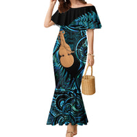 Kotiate New Zealand Family Matching Mermaid Dress and Hawaiian Shirt Maori Weapon Paua Shell Haka Fern LT14 Mom's Dress Turquoise - Polynesian Pride
