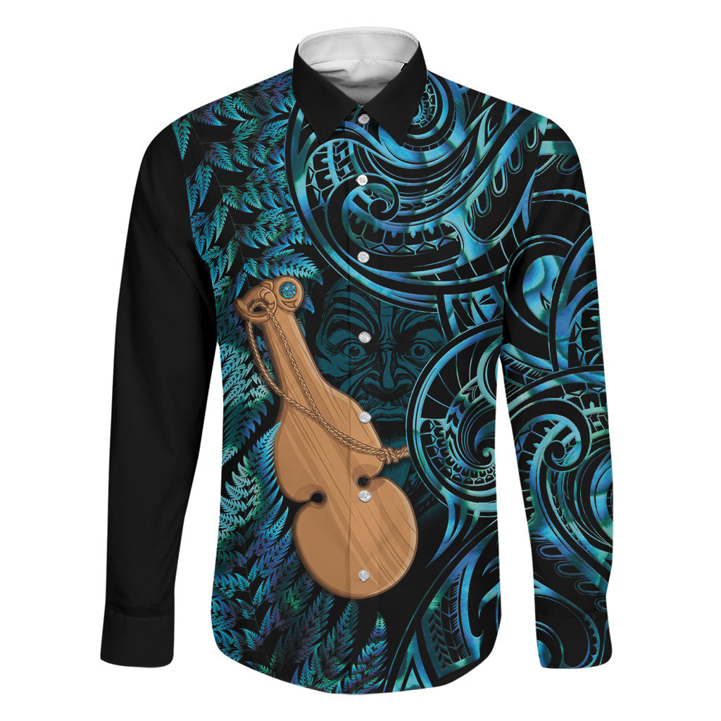 Kotiate New Zealand Family Matching Summer Maxi Dress and Hawaiian Shirt Maori Weapon Paua Shell Haka Fern LT14 Dad's Shirt - Long Sleeve Turquoise - Polynesian Pride