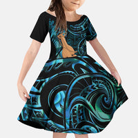 Kotiate New Zealand Family Matching Tank Maxi Dress and Hawaiian Shirt Maori Weapon Paua Shell Haka Fern LT14 Daughter's Dress Turquoise - Polynesian Pride