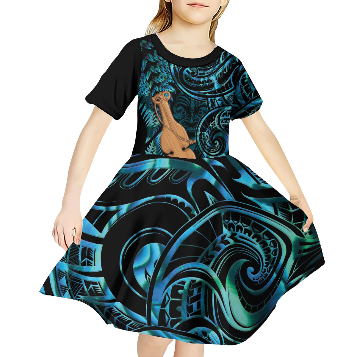 Kotiate New Zealand Kid Short Sleeve Dress Maori Weapon Paua Shell Haka Fern LT14 - Polynesian Pride