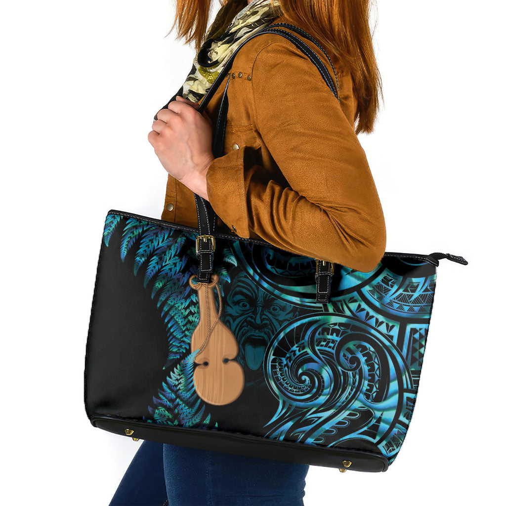 Kotiate New Zealand Leather Tote Bag Maori Weapon Paua Shell Haka Fern LT14 Turquoise - Polynesian Pride