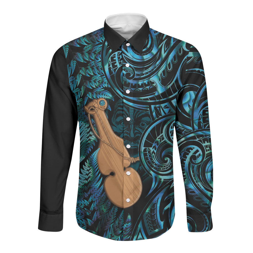 Kotiate New Zealand Long Sleeve Button Shirt Maori Weapon Paua Shell Haka Fern LT14 Unisex Turquoise - Polynesian Pride