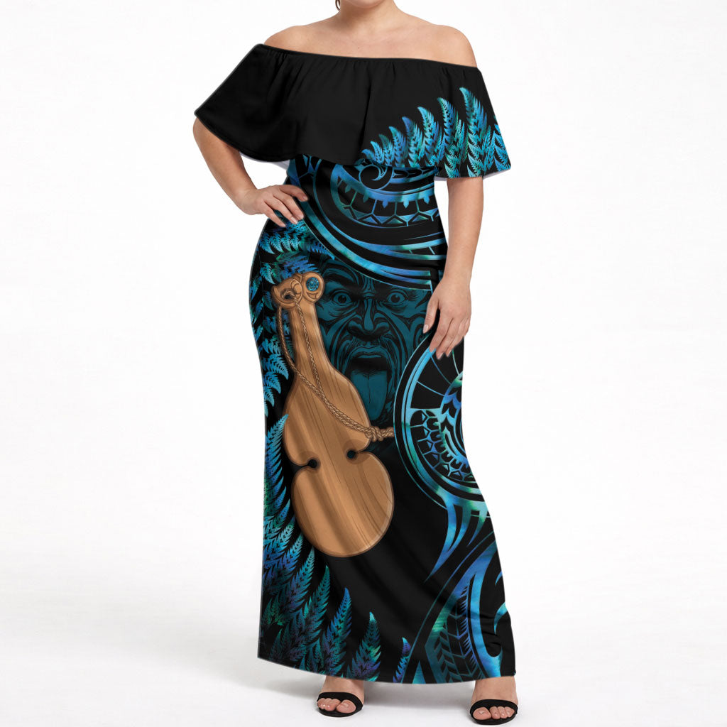 Kotiate New Zealand Off Shoulder Maxi Dress Maori Weapon Paua Shell Haka Fern LT14 Women Turquoise - Polynesian Pride