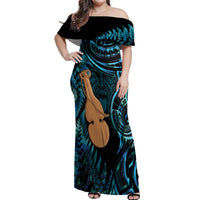 Kotiate New Zealand Off Shoulder Maxi Dress Maori Weapon Paua Shell Haka Fern