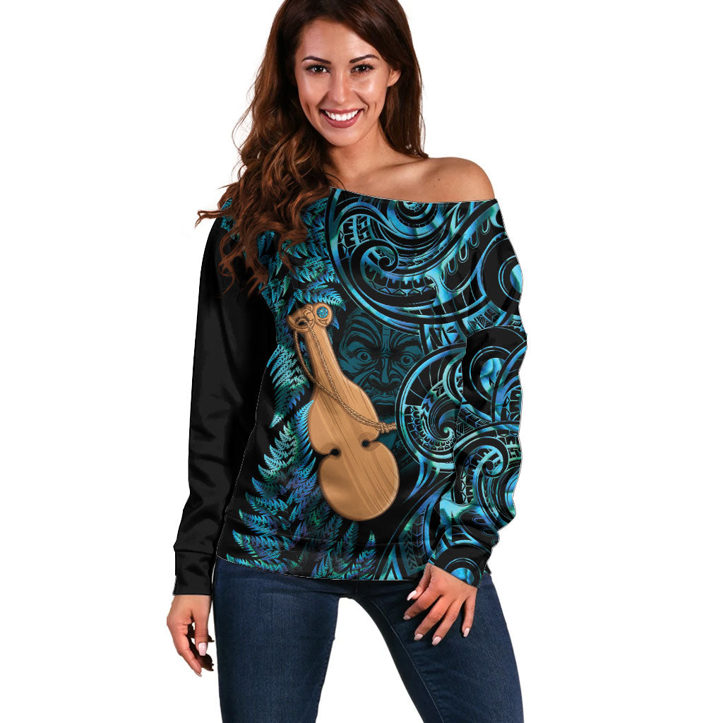 Kotiate New Zealand Off Shoulder Sweater Maori Weapon Paua Shell Haka Fern LT14 Women Turquoise - Polynesian Pride