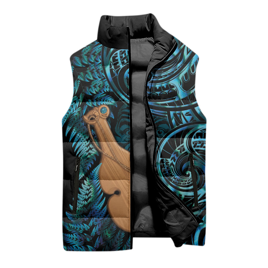 Kotiate New Zealand Sleeveless Puffer Jacket Maori Weapon Paua Shell Haka Fern