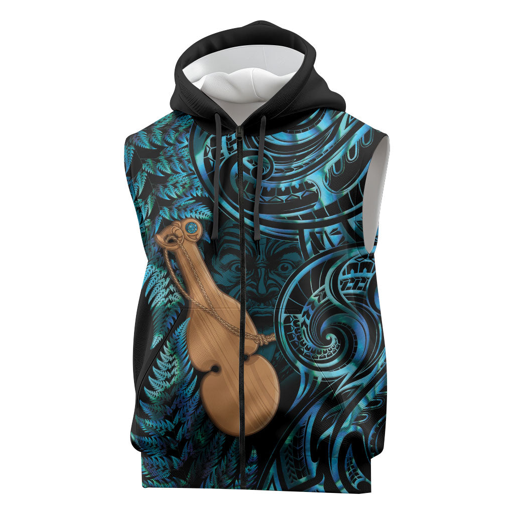 Kotiate New Zealand Sleeveless Zip Hoodie Maori Weapon Paua Shell Haka Fern LT14 Turquoise - Polynesian Pride