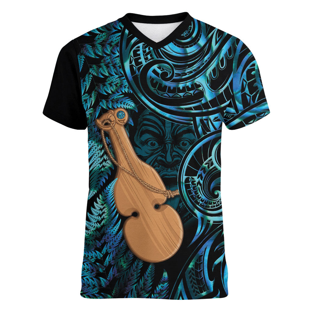 Kotiate New Zealand Women V-Neck T-Shirt Maori Weapon Paua Shell Haka Fern LT14 Female Turquoise - Polynesian Pride