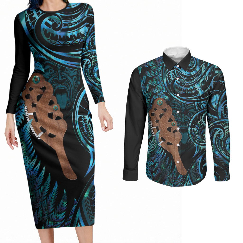 Maripi New Zealand Couples Matching Long Sleeve Bodycon Dress and Long Sleeve Button Shirt Maori Weapon Paua Shell Haka Fern LT14 Turquoise - Polynesian Pride